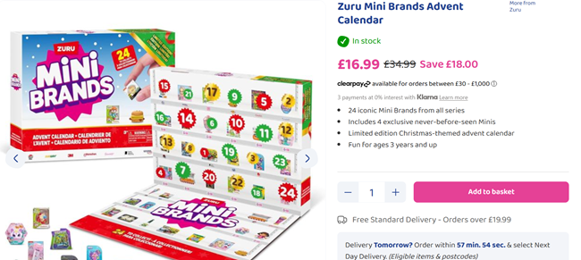Screenshot showing Zuru Mini Brands Advent Calendar for £16.99 at Bargain Max