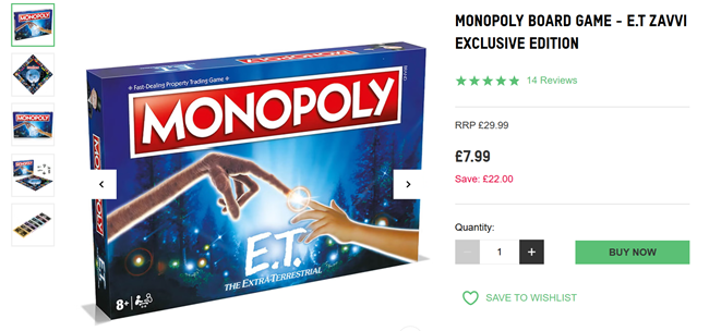 Screenshot showing Monopoly E.T. Limited Edition Board Game for £7.99 at Zavvi