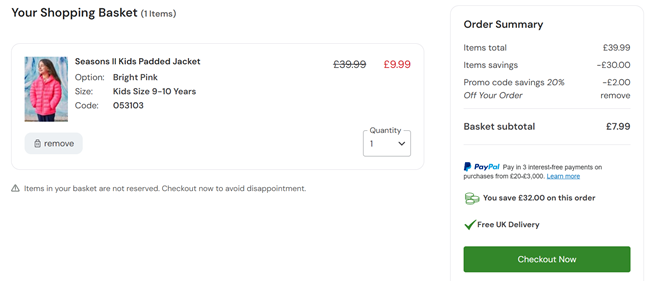 Screenshot showing extra 20% off clearance with code at Mountain Warehouse