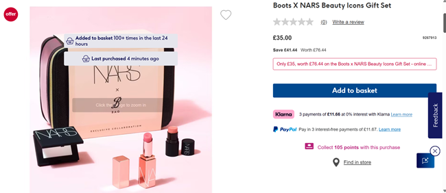 Screenshot showing Boots X NARS Beauty Icons Gift Set for £35 at Boots