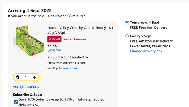 Screenshot showing Nature Valley Crunchy Oats & Honey 18 x 42g for £5.38 at Amazon