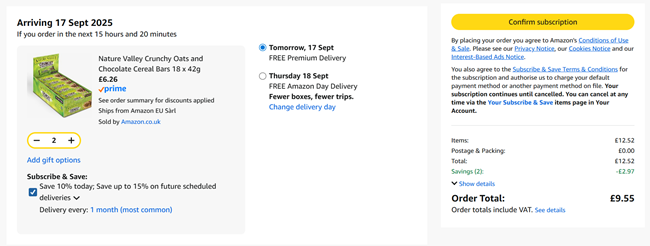 Screenshot showing Nature Valley Crunchy Oats and Chocolate Cereal Bars 18 x 42g 2 for £9.55 at Amazon
