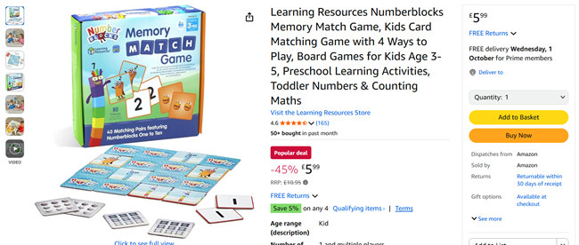 Screenshot showing Learning Resources Numberblocks Memory Match Game for £5.99 at Amazon