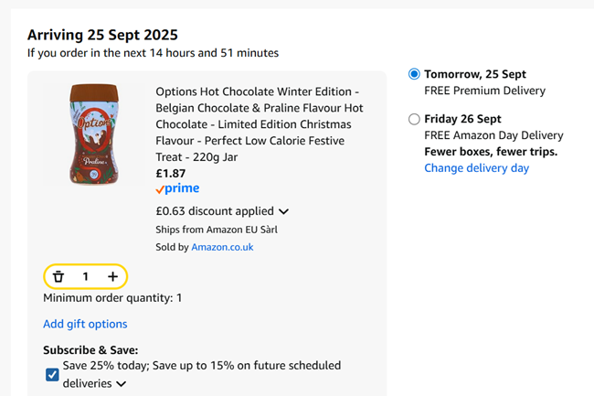 Screenshot showing Options Hot Chocolate Winter Edition 220g for £1.87 at Amazon