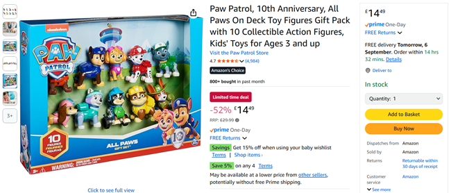 Screenshot showing Paw Patrol All Paws On Deck 10 Figures Gift Pack for £14.49 at Amazon