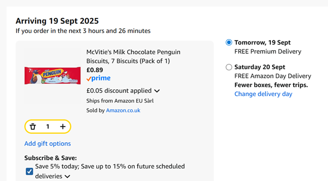 Screenshot showing McVitie's Milk Chocolate Penguin Biscuits 7 Pack for 89p at Amazon