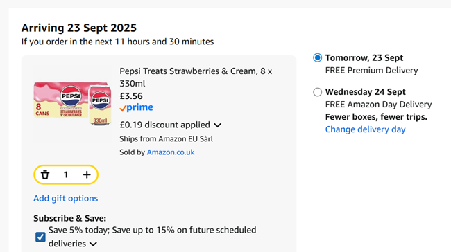 Screenshot showing Pepsi Treats Strawberries & Cream 8 x 330ml for £3.56 at Amazon