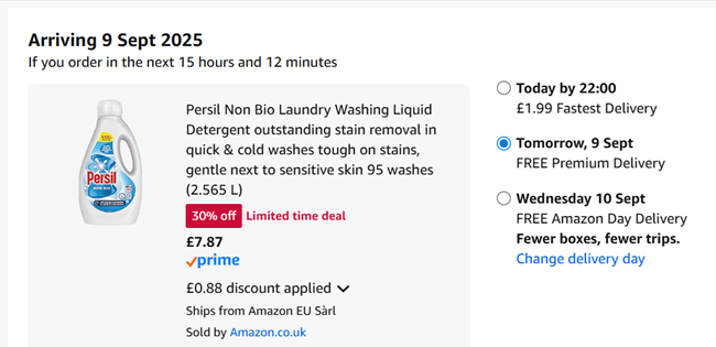 Screenshot showing Persil Non Bio Laundry Washing Liquid Detergent 95 washes (2.565 L) for £7.87 at Amazon
