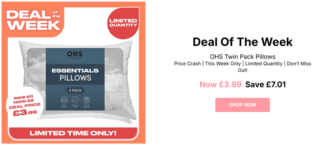 Screenshot showing OHS Essentials Medium Support Pillows Twin Pack for £3.99 at Online Home Shop