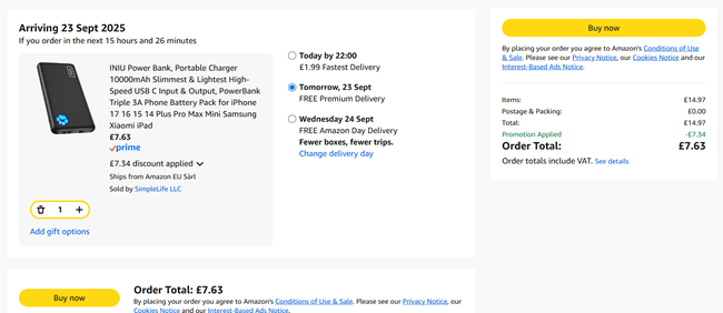 Screenshot showing INIU Power Bank £7.63 with voucher at Amazon / SimpleLife LLC
