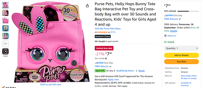 Screenshot showing Purse Pets Holly Hops Bunny Tote Bag for £7.40 at Amazon