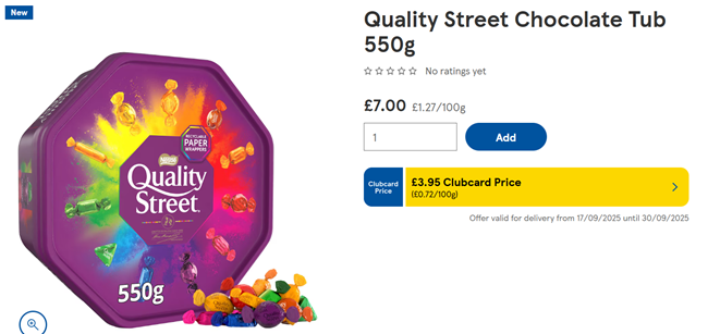 Screenshot showing Quality Street Chocolate Tub 550g for £3.95 Clubcard Price at Tesco