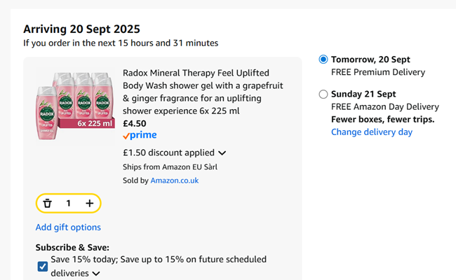 Screenshot showing Radox Mineral Therapy Body Wash 6 x 225 ml for £4.50 at Amazon