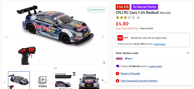 Screenshot showing CMJ Red Bull Audi RS5 DTM Remote Control Car for £4.80 at Argos