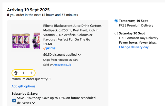 Screenshot showing Ribena Blackcurrant Juice Drink Cartons Multipack 6 x 250ml for £1.68 at Amazon