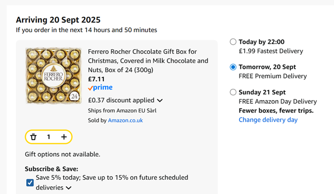 Screenshot showing Ferrero Rocher Chocolate Gift Box Box of 24 (300g) for £7.11 at Amazon