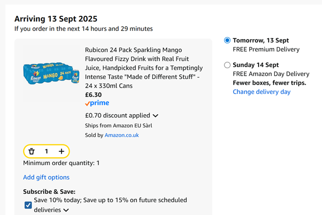 Screenshot showing Rubicon Sparkling Mango 24 x 330ml Cans for £6.30 at Amazon