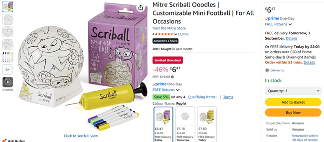 Screenshot showing Mitre Scriball Ooodles Customizable Mini Football for £6.47 at Amazon