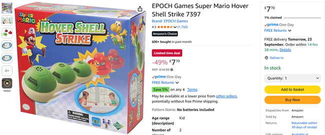 Screenshot showing Super Mario Hover Shell Strike Game for £7.70 at Amazon