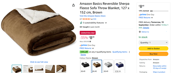 Screenshot showing Amazon Basics Reversible Sherpa Fleece Sofa Throw Blanket for £8.49 at Amazon