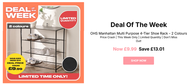 Screenshot showing Manhattan Multi Purpose 4-Tier Shoe Rack for £9.99 at Online Home Shop