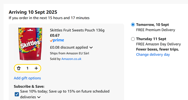Screenshot showing Skittles Fruit Sweets Pouch 136g for 67p at Amazon
