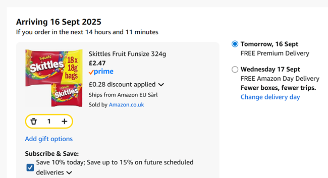 Screenshot showing Skittles Fruit Funsize 324g (18 x 18g Bags) for £2.47 at Amazon