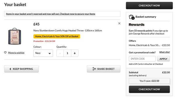 Screenshot showing Slumberdown Comfy Hugs Heated Throw for £22.50 at Asda George