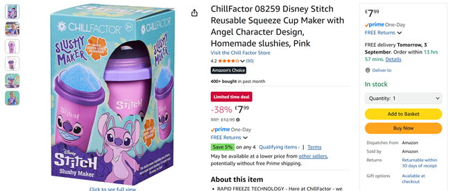 Screenshot showing ChillFactor Disney Stitch Angel Slushy Maker Cup for £7.99 at Amazon
