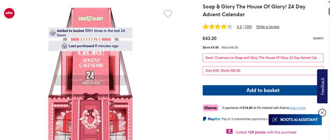 Screenshot showing Soap & Glory The House Of Glory! 24 Day Advent Calendar for £43.20 at Boots