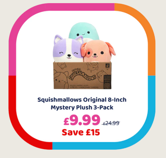 Screenshot showing Squishmallows Original 8-Inch Mystery Plush 3-Pack for £9.99 at Bargain Max