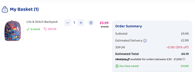 Screenshot showing Lilo & Stitch Backpack for £4.19 with code at Bargain Max