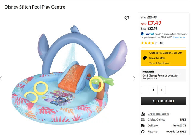 Screenshot showing Disney Stitch Pool Play Centre for £7.49 at Asda George