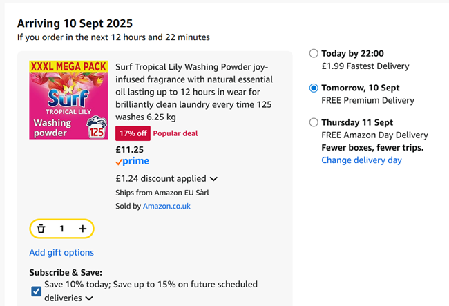 Screenshot showing Surf Tropical Lily Washing Powder 125 washes 6.25 kg for £11.25 at Amazon