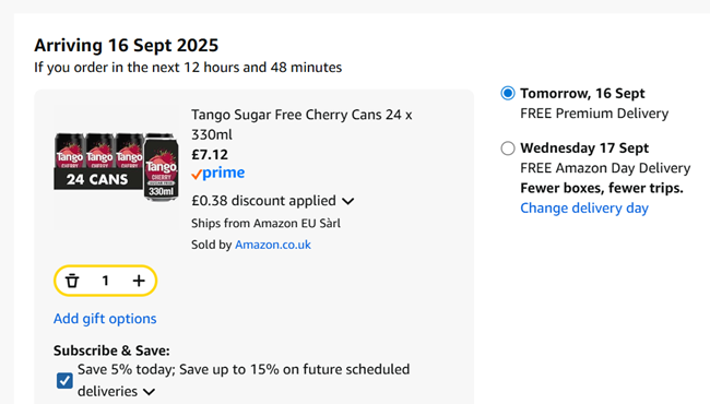 Screenshot showing Tango Cherry 24 x 330ml Cans for £7.12 at Amazon