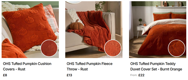 Screenshot showing Tufted Pumpkin Home Accessories Range at Online Home Shop
