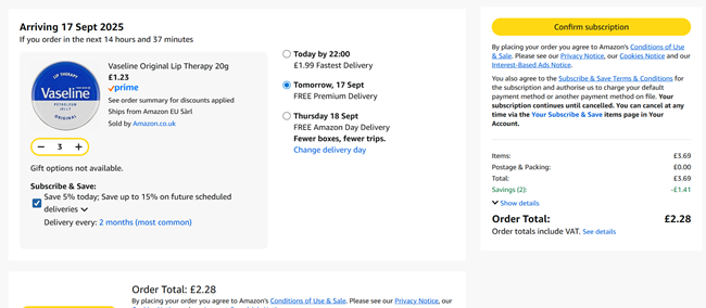 Screenshot showing Vaseline Original Lip Therapy 20g 3 for £2.28 at Amazon
