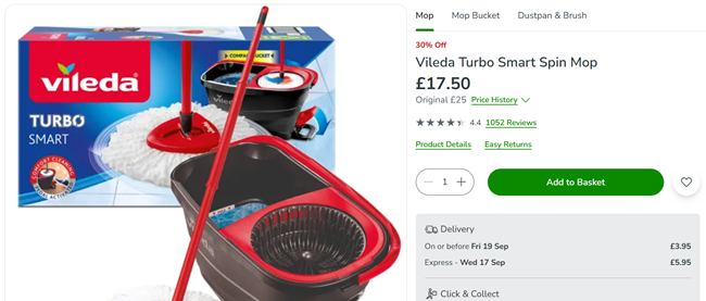Screenshot showing Vileda Turbo Smart Spin Microfibre Floor Bucket & Mop Set for £17.50 at Dunelm
