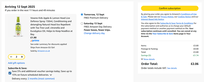 Screenshot showing Vosene Kids Apple & Lemon Head Lice Defence Spray 150ml 2 for £2.06 at Amazon