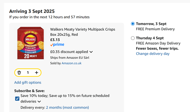 Screenshot showing Walkers Meaty Variety Multipack Crisps Box 20 x 25g for £3.13 at Amazon