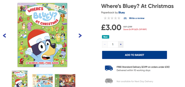 Screenshot showing Where’s Bluey? At Christmas Book for £3 at The Works