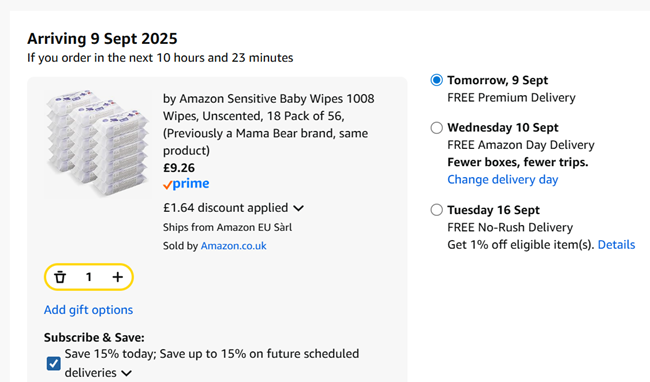 Screenshot showing Amazon Sensitive Baby Wipes Unscented 1008 Wipes (18 Packs of 56) for £9.26 at Amazon