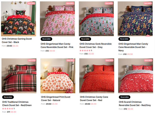 Screenshot showing Christmas Duvet Cover Sets from £6.50 at Online Home Shop