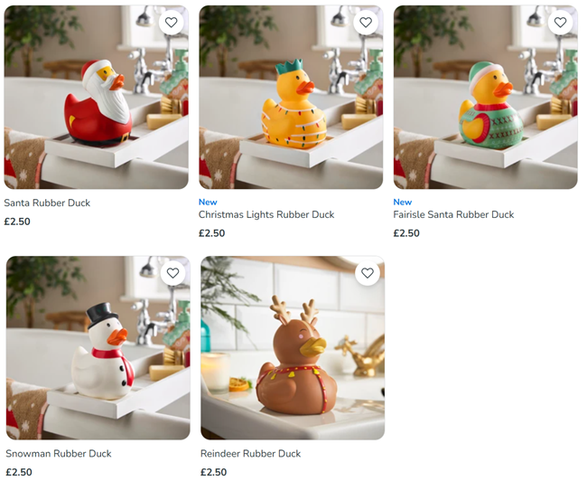 Screenshot showing Christmas Rubber Ducks at Dunelm