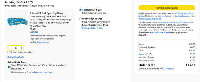 Screenshot showing Rubicon Mango 2 x 24 Can Multipack for £13.10 at Amazon