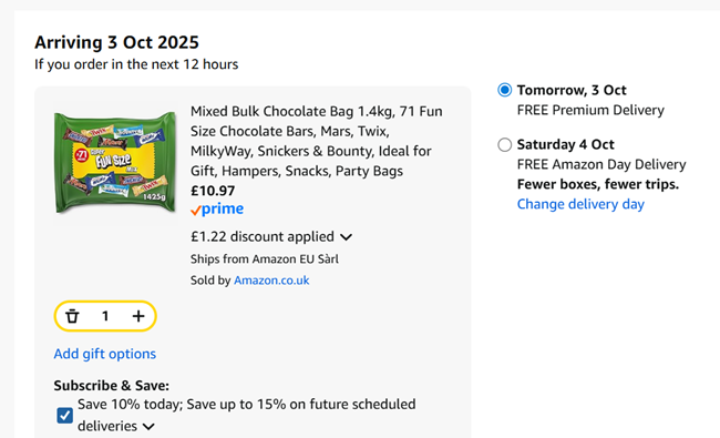 Screenshot showing 71 Fun Size Chocolate Bars, Mars, Twix, MilkyWay, Snickers & Bounty 1.4kg for £10.97 at Amazon