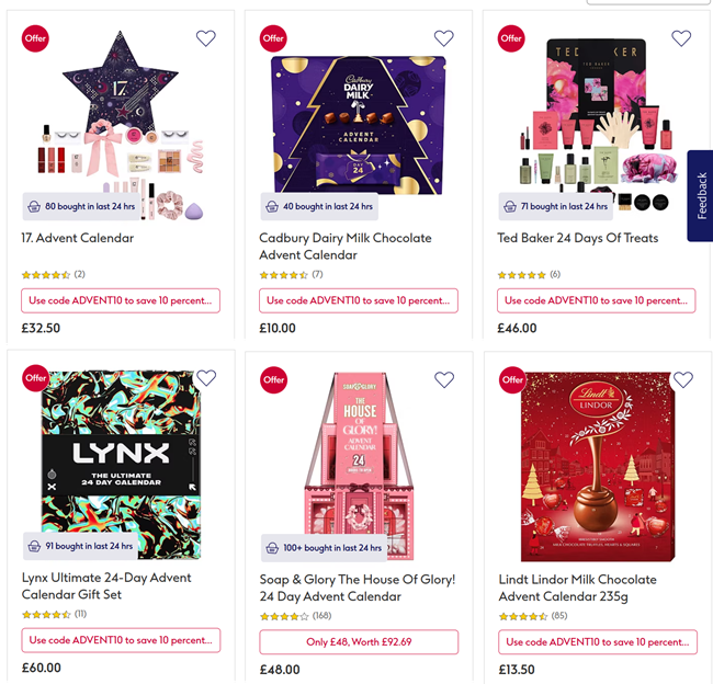 Screenshot showing 10% Off Selected Advent Calendars with code offer at Boots