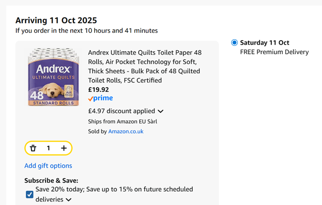 Screenshot showing Andrex Ultimate Quilts Toilet Paper 48 Rolls for £19.92 at Amazon
