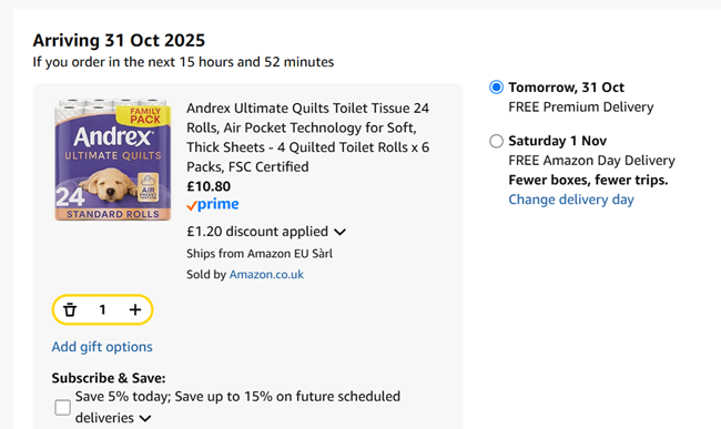 Screenshot showing Andrex Ultimate Quilts Toilet Tissue 24 Rolls for £10.80 at Amazon