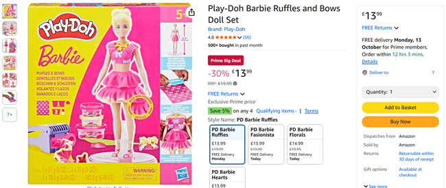 Screenshot showing Play-Doh Barbie Ruffles and Bows Doll Set for £13.99 at Amazon